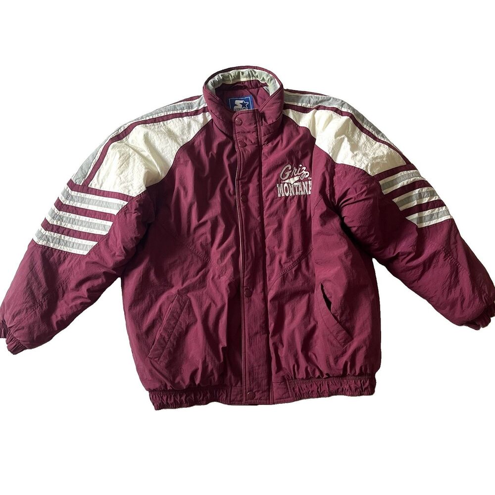 Vintage STARTER UM University Montana Grizzlies Griz Coat Maroon White XL *flaw